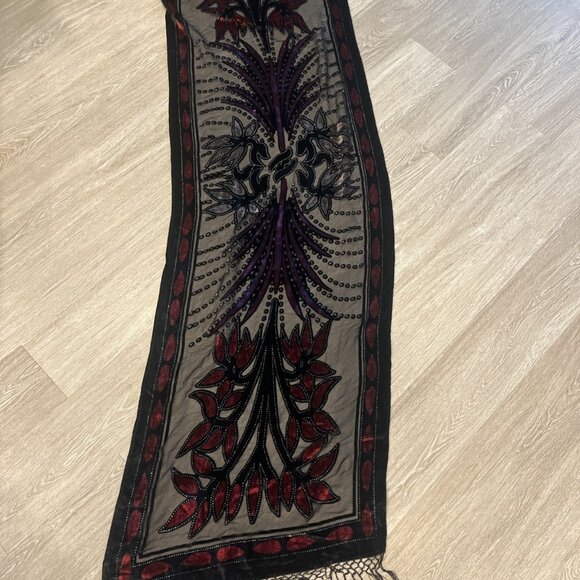 Vintage Crushed Velvet Silk Scarf Fringed Evening Dark Romantic Goth 20 X 70 - Picture 1 of 6